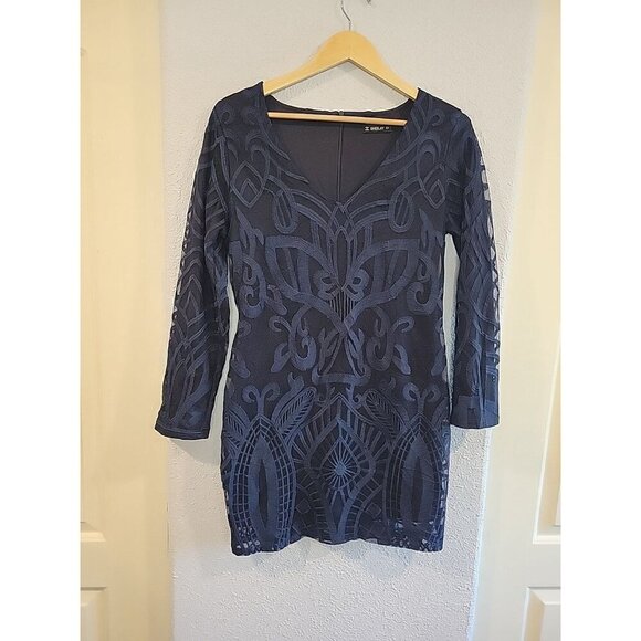 Sheilay Womens Navy Blue Embroidered Long Sleeve V Neck Bodycon Dress Sz M - Picture 1 of 6